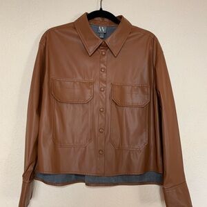 Brown Faux Leather Cropped Button Up Jacket